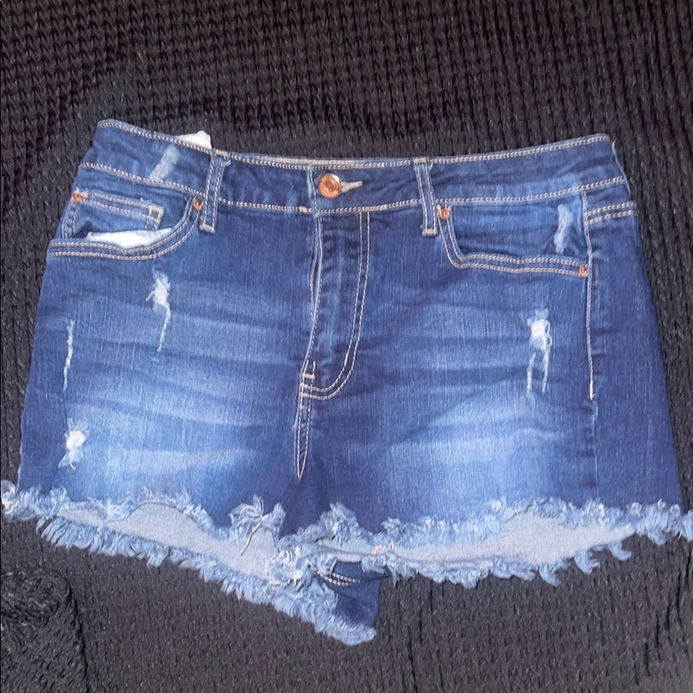 Soundgirl Blue Distressed Jean Shorts with Frayed Hem